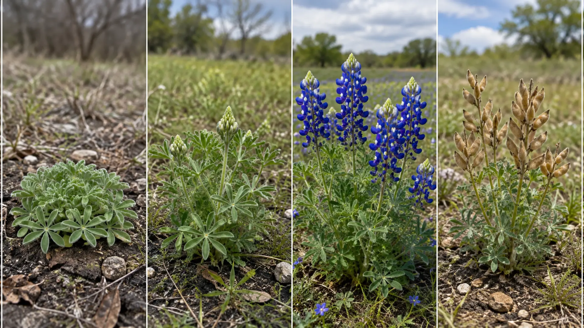 four stages of the texas bluebonnet life cycle from winter rosette to flowers and mature seed pods