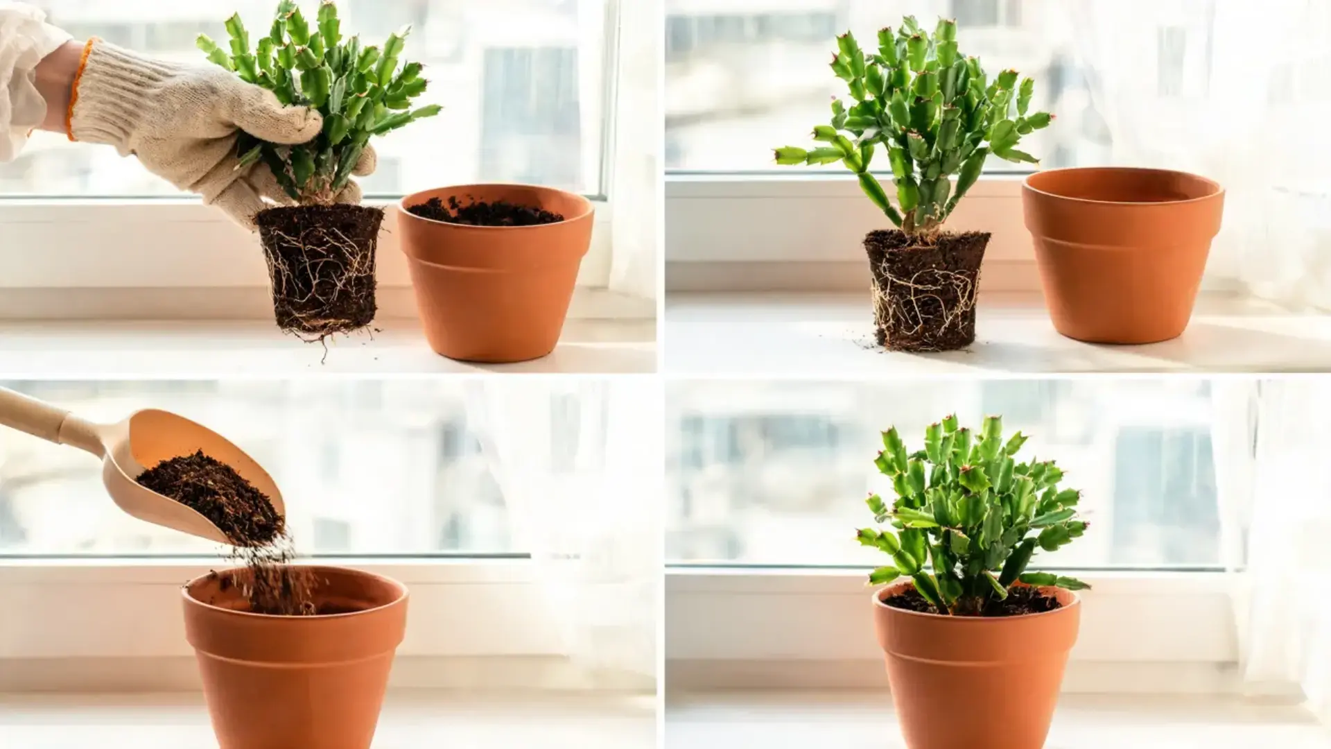 four steps showing an easter cactus removed from its pot and repotted in fresh loose soil near a window