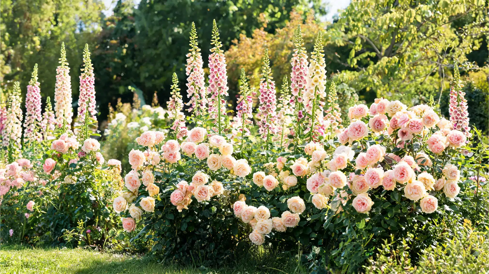 foxglove growing behind shrub roses in a flower bed