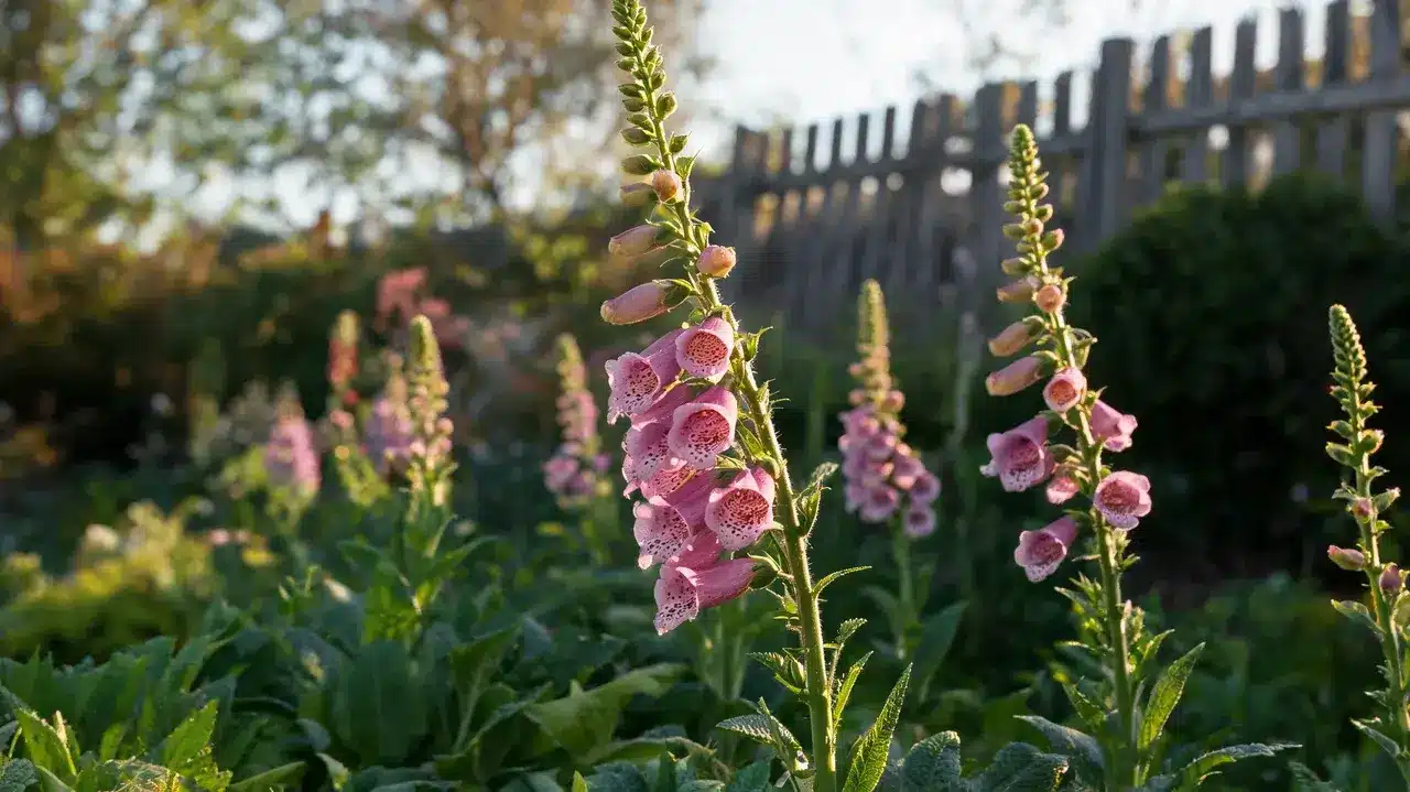 foxglove with tall pink purple flower spikes and speckled bell shaped blooms in a natural cottage garden