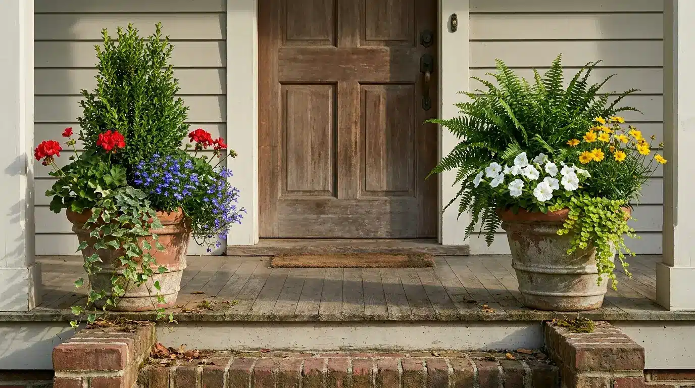 frame the door with planters using ferns flowers ivy and matching weathered pots