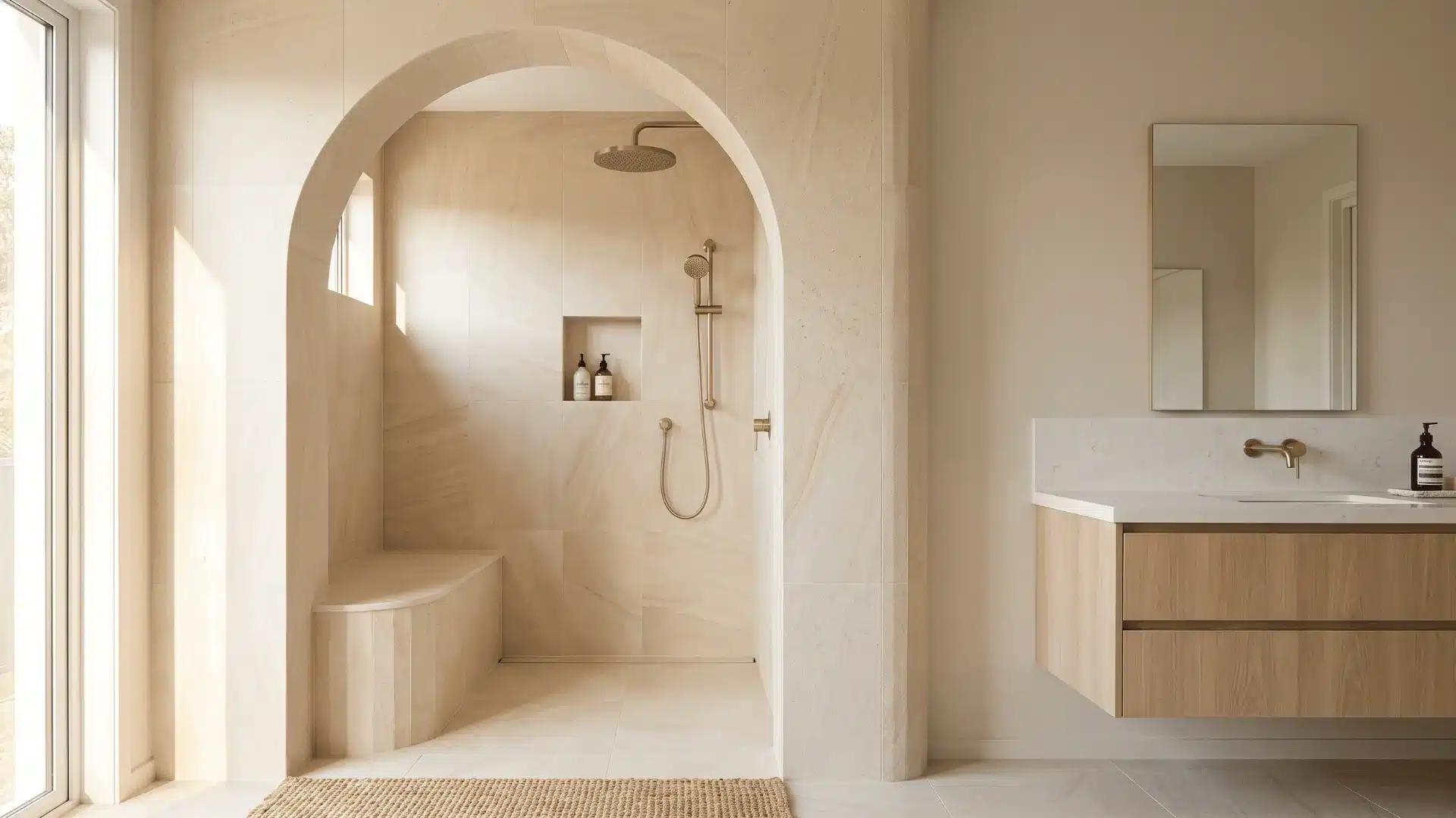arched doorless shower entry with curved bench and wall niche