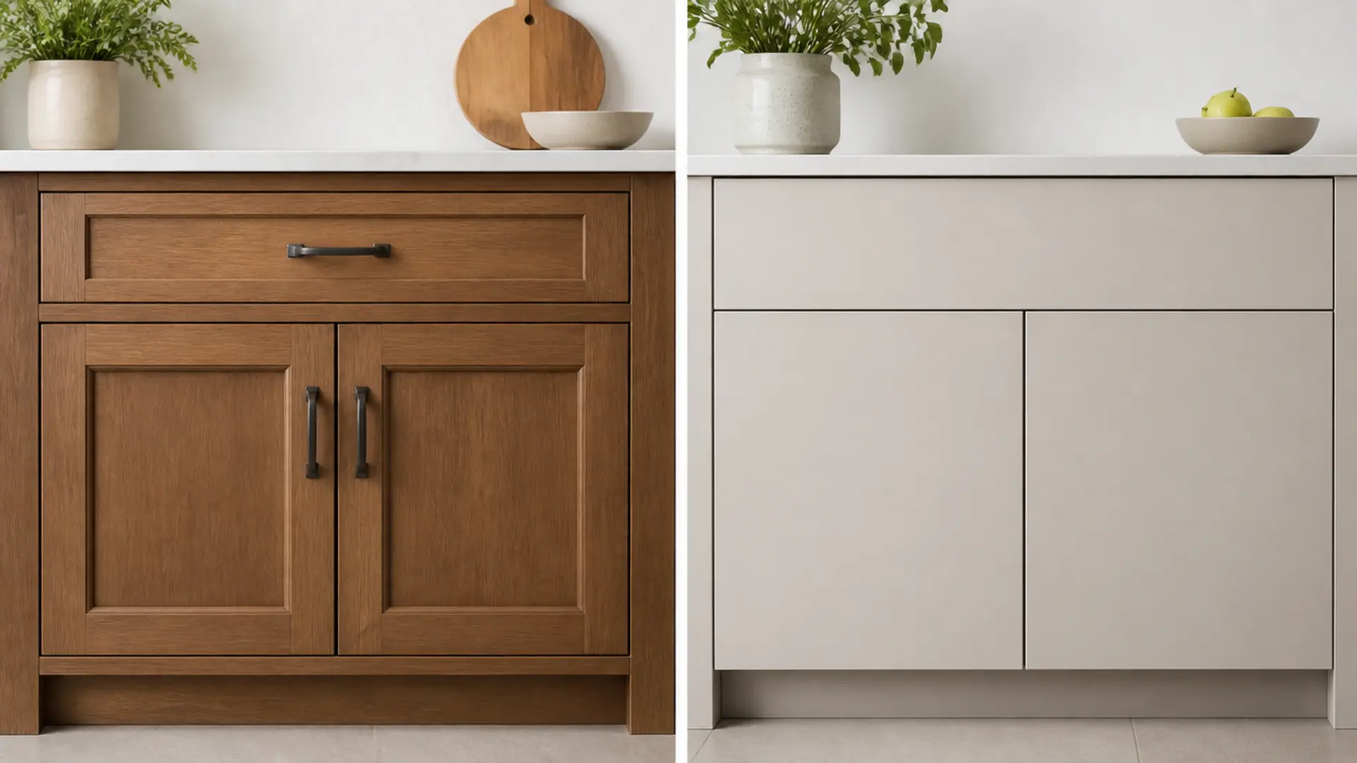 side by side comparison of a framed cabinet and a frameless cabinet in a kitchen