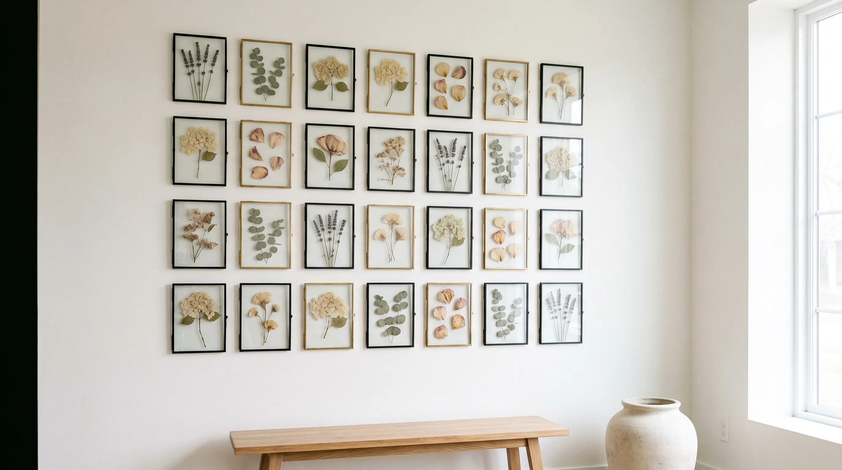 pressed dried flowers arranged carefully inside a frame to preserve a favorite bouquet forever