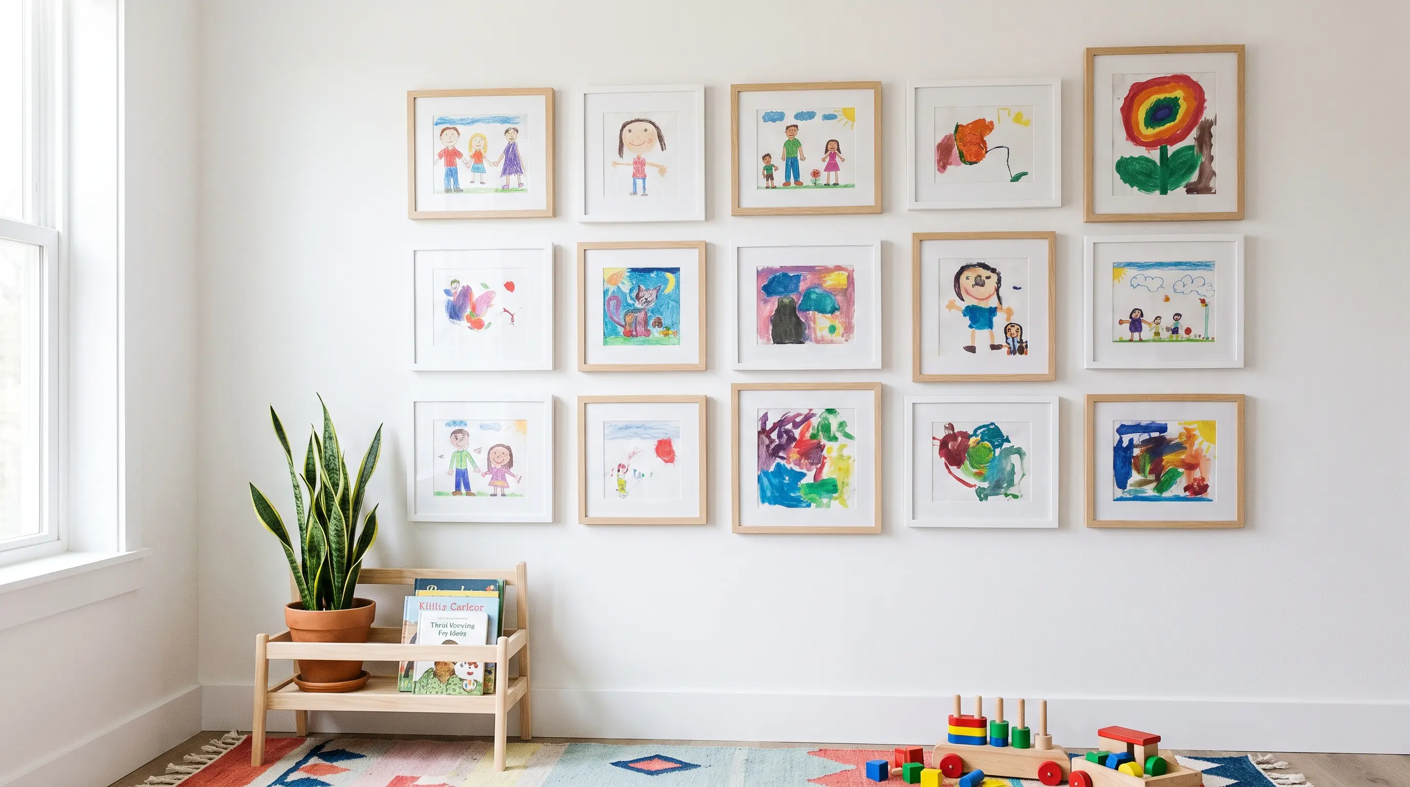 childrens drawings placed inside matching frames and hung together in one even grid pattern