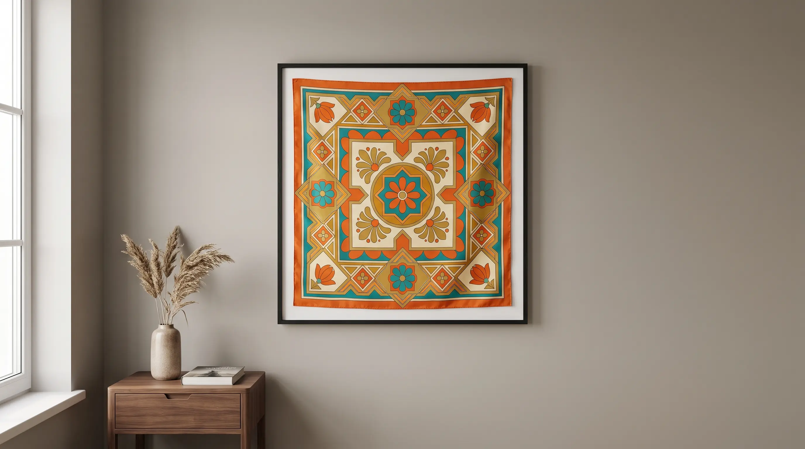 an old scarf or fabric swatch stretched flat and framed neatly to add pattern to a blank wall
