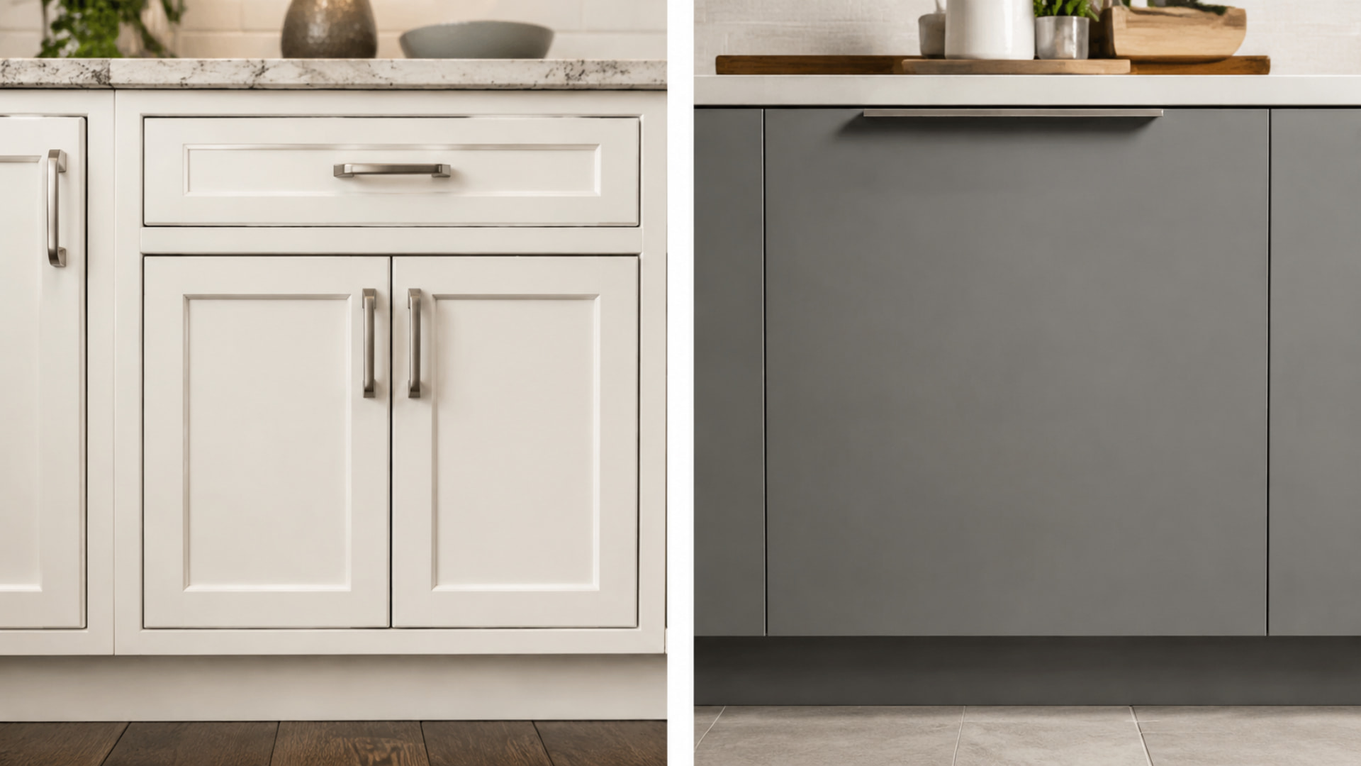 split-screen comparison of framed and frameless kitchen cabinets with different door styles and finishes