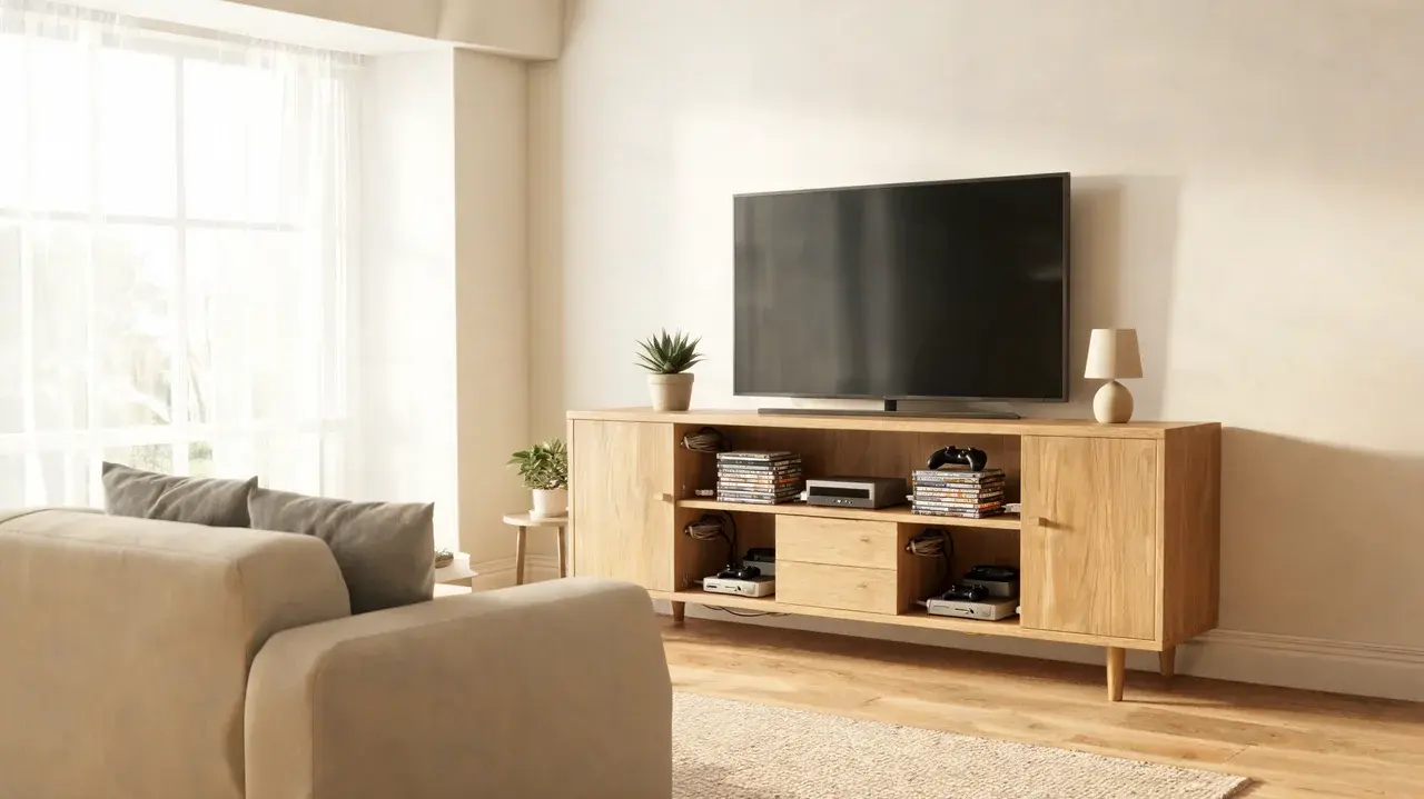 a freestanding tv console with closed cabinets and open shelving holding a television and media devices
