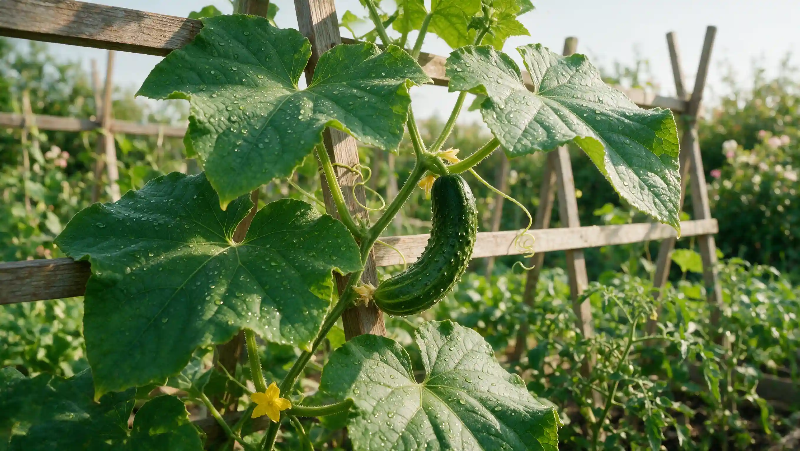 fresh cucumber vine with large green leaves and a ripening cucumber growing on a garden trellis
