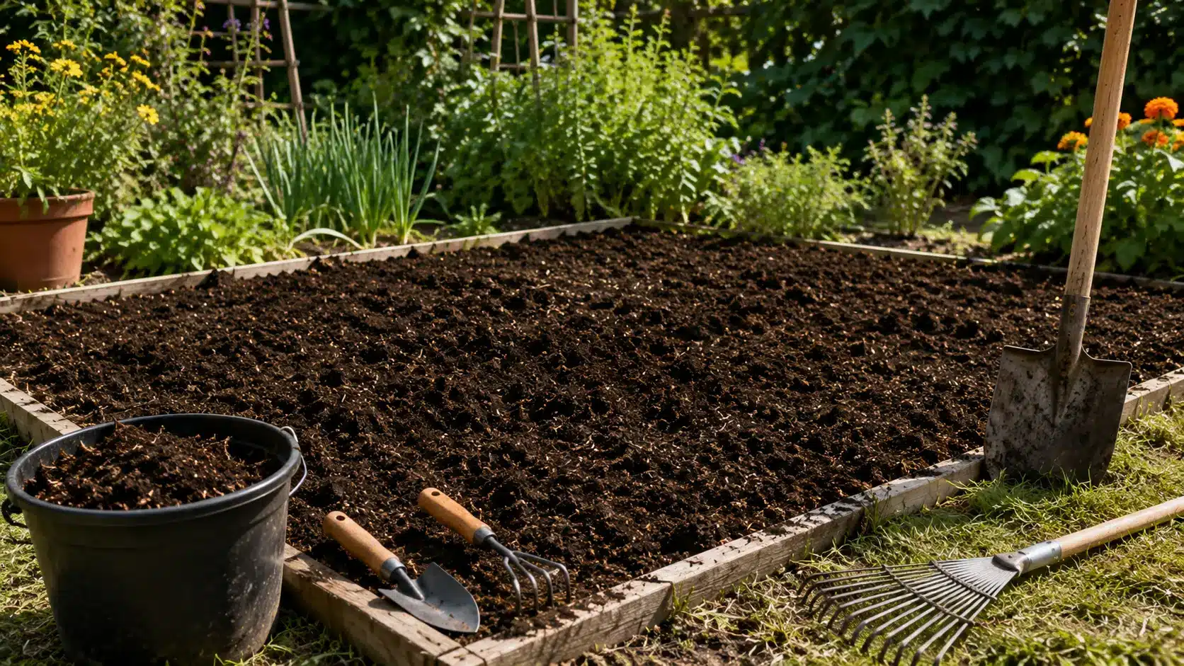 fresh garden bed with loose dark soil and basic tools ready for preparing watermelon planting mounds