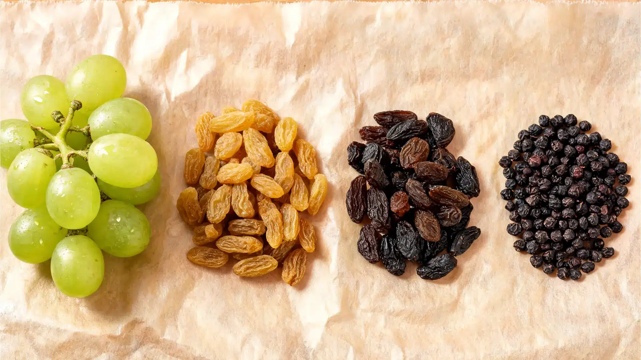fresh grapes raisins and currants on parchment paper