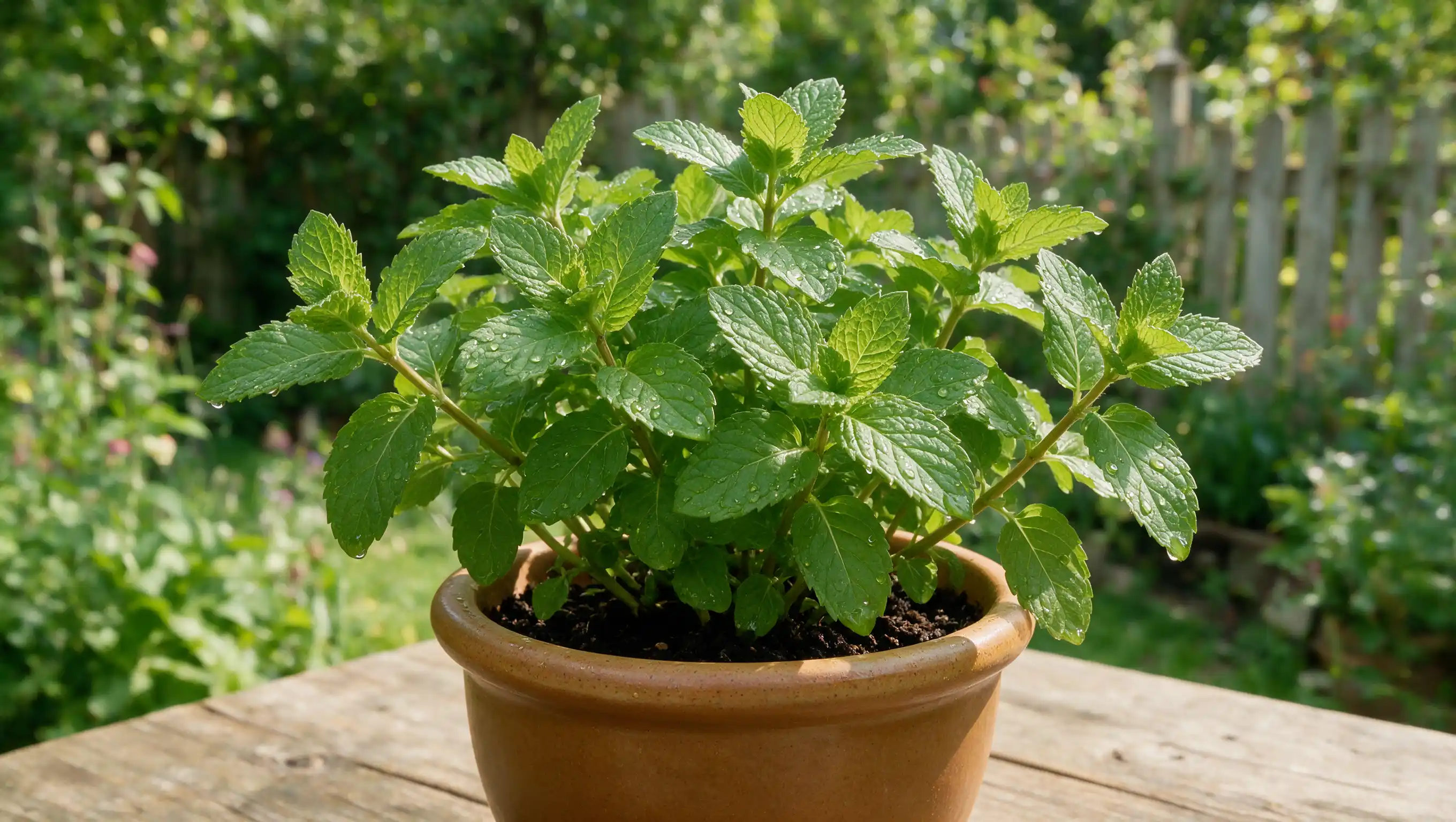 fresh mint plant with vibrant green serrated leaves growing in a ceramic pot near a garden patio area