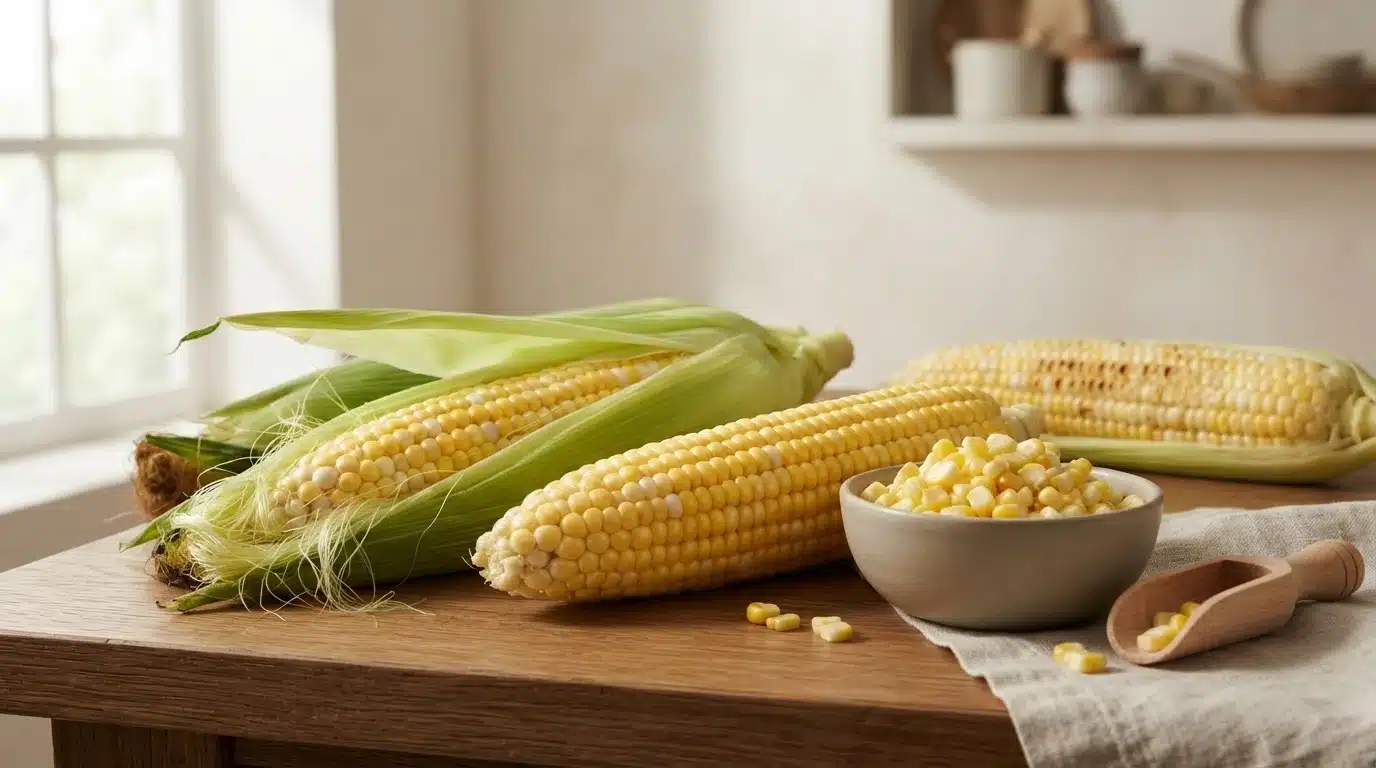 fresh yellow sweet corn ears with green husks loose kernels and a small bowl on a warm wooden table