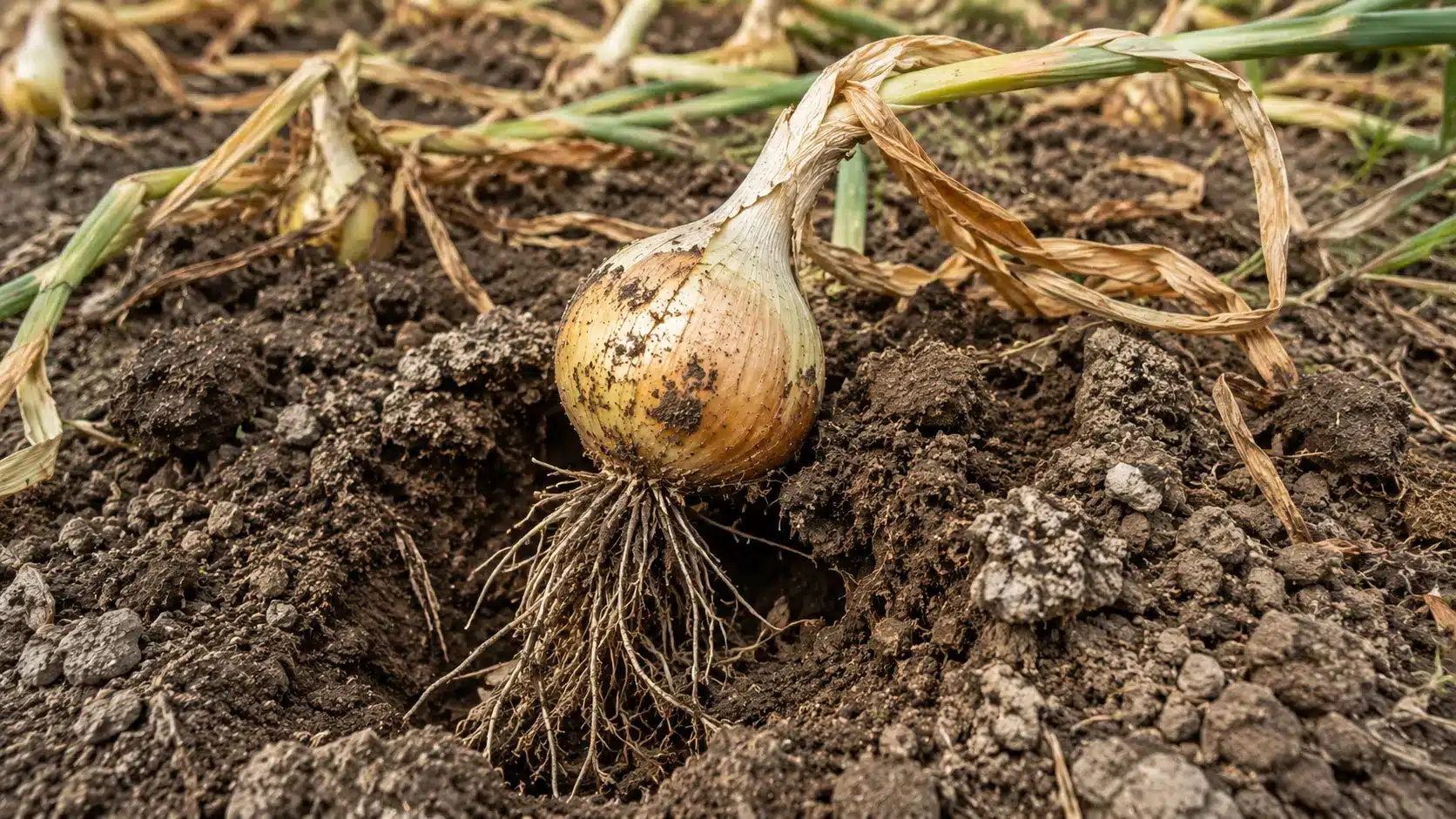 freshly lifted onion with exposed roots resting in dry garden soil among wilted leaves and other onions