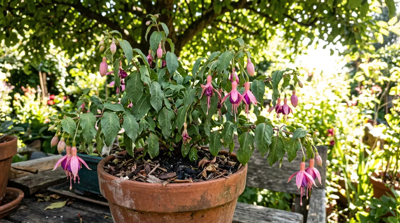 wilting potted fuchsia in summer shade, protected from strong heat beneath a leafy garden tree