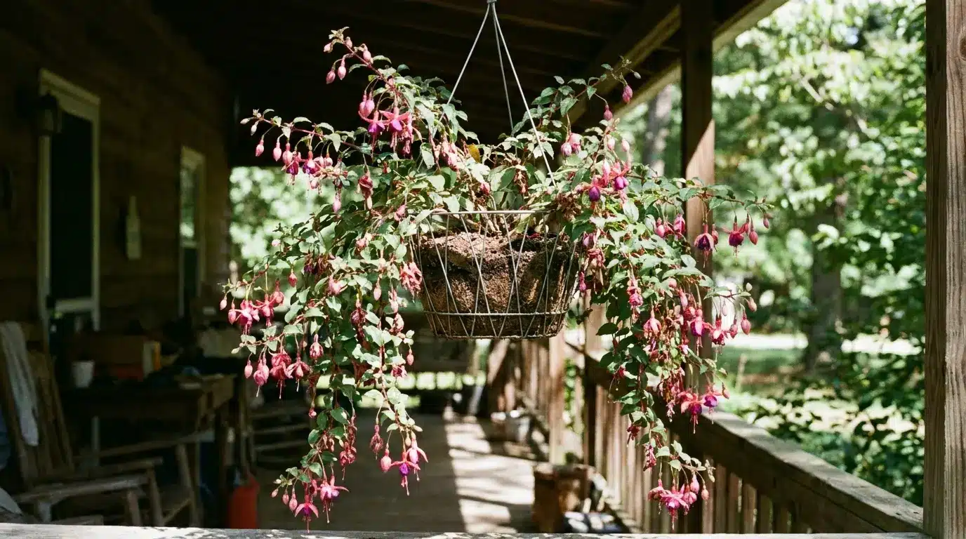 flowering fuchsia hanging basket on a shaded wooden porch with long trailing pink blooms and buds