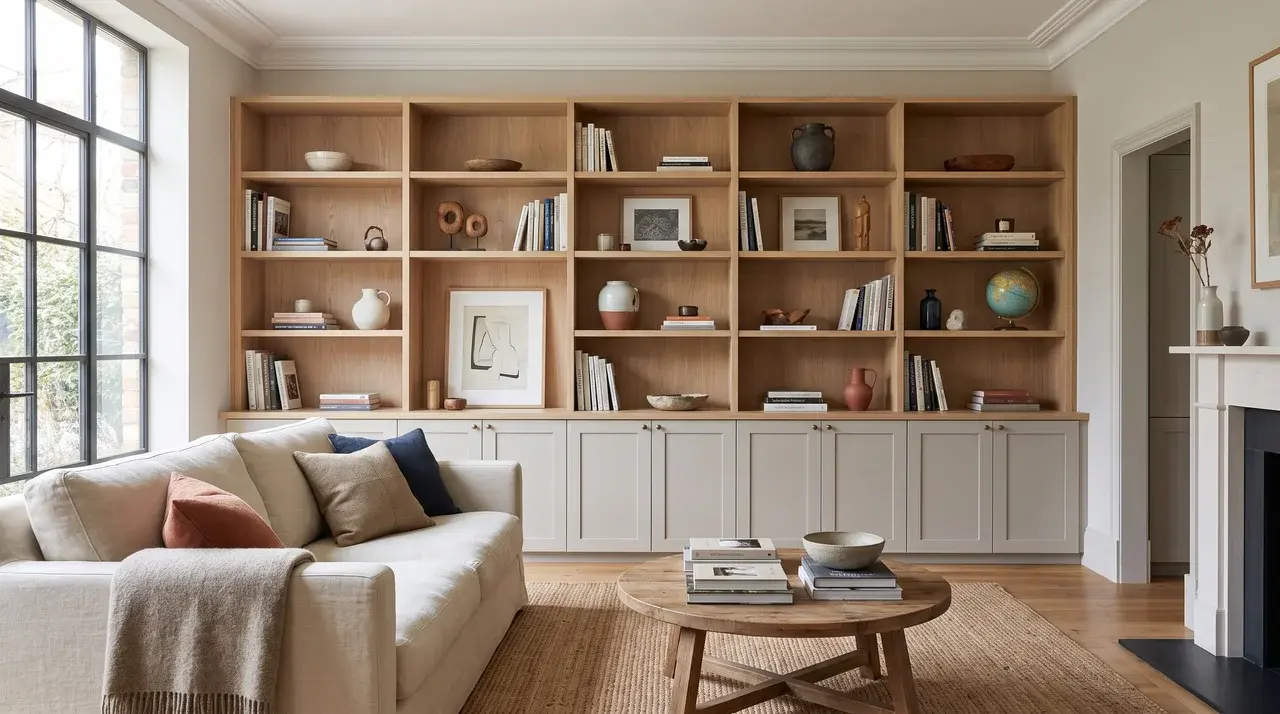 a full wall feature bookcase filled with books and decorative accents in a bright living room