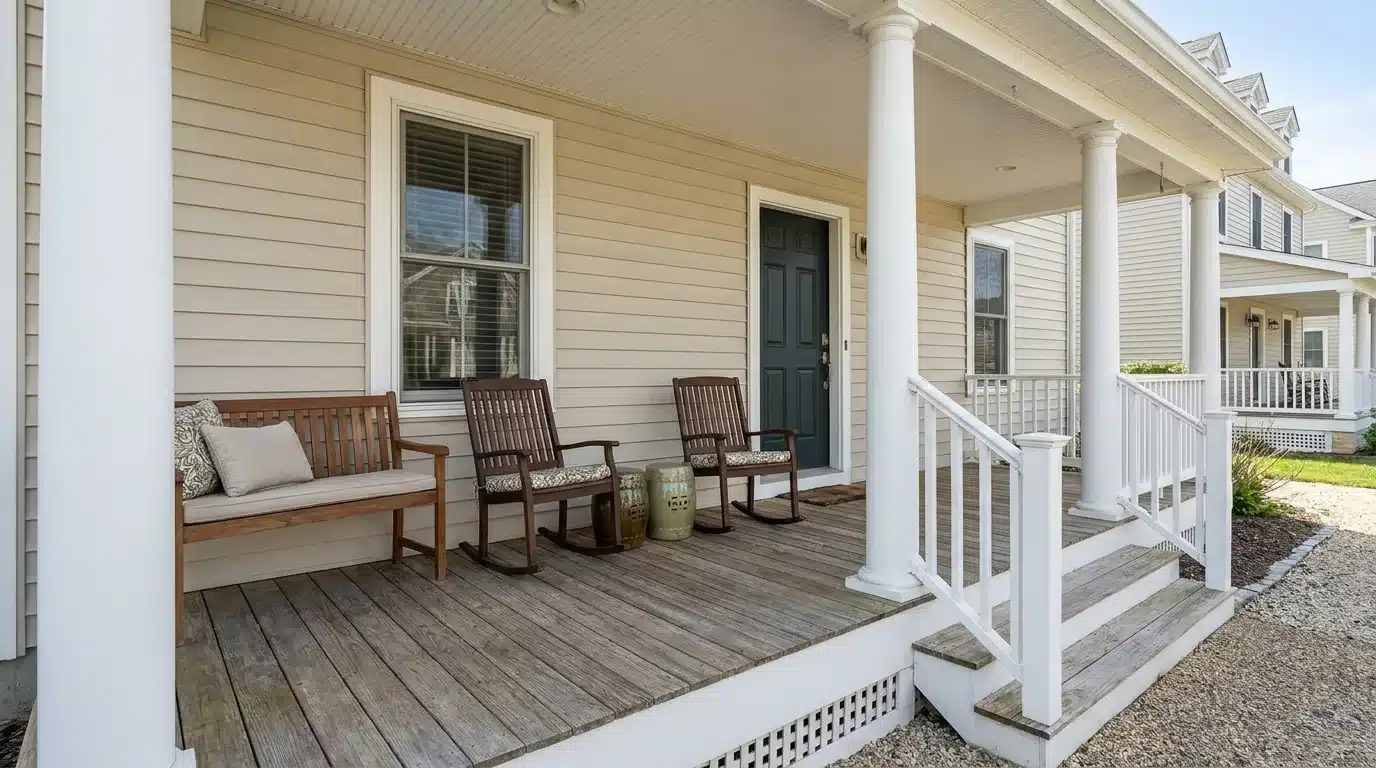 shallow front porch with wood bench rocking chairs garden stools and open walking space