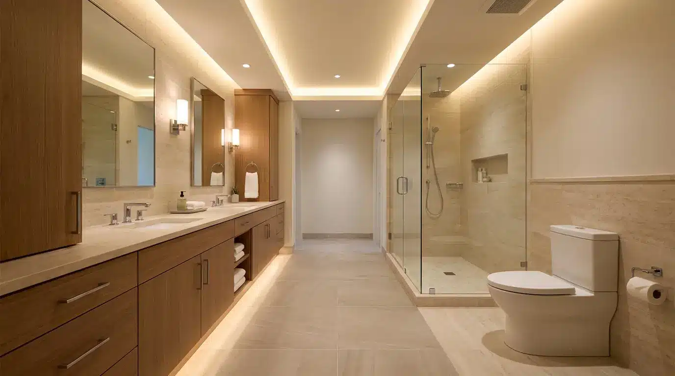 galley bathroom layout with fixtures on opposite walls and a clear center walkway