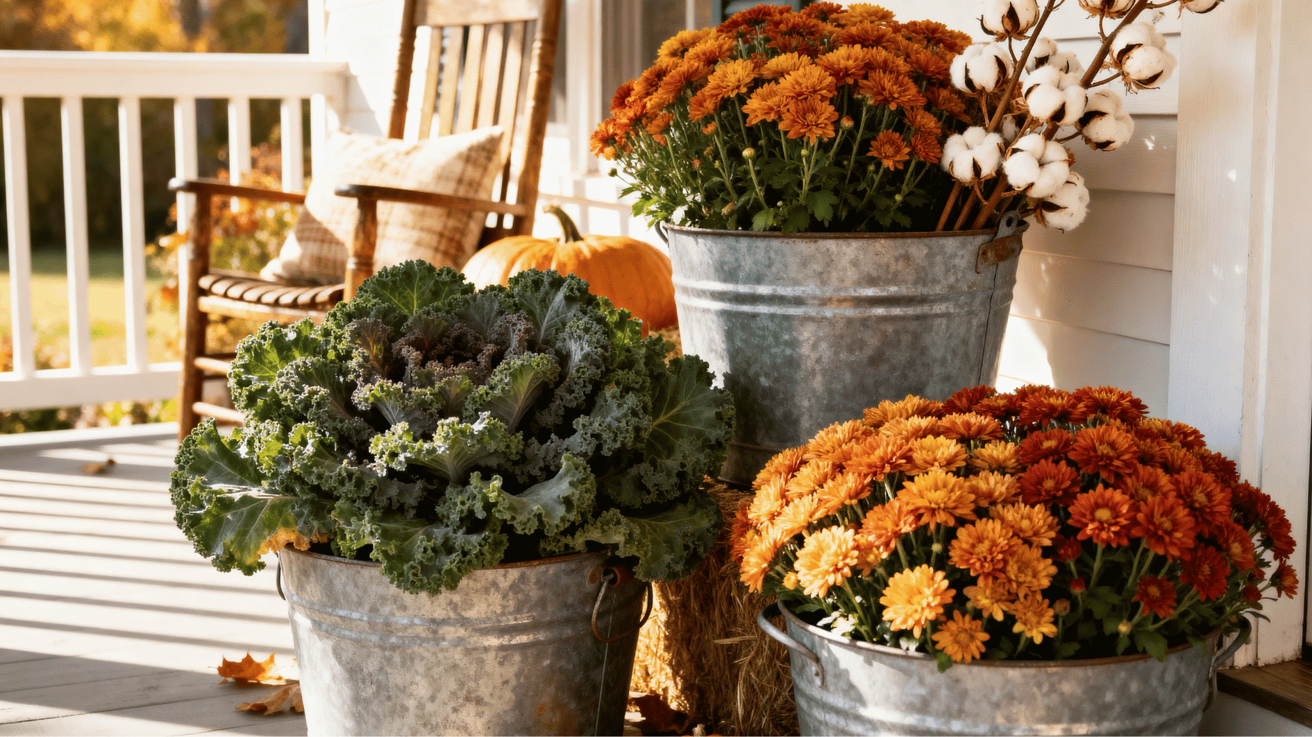 galvanized metal bucket planters filled with kale, mums, and cotton stems on a rustic autumn porch.