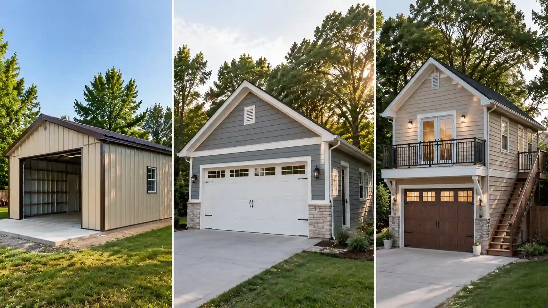 three garage styles showing detached, attached, and apartment above garage designs in residential settings