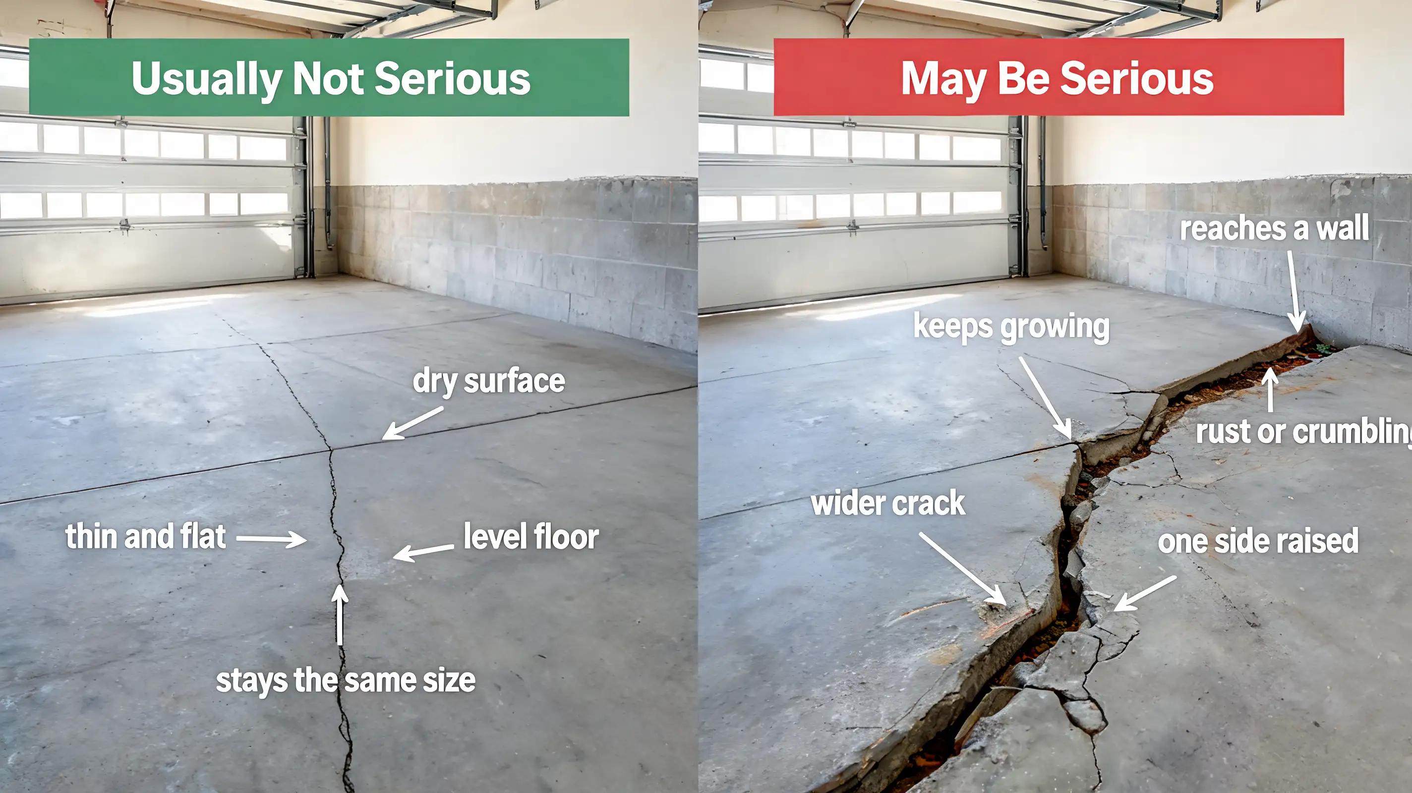 comparison of a thin level garage floor crack and a wide uneven crack showing slab movement