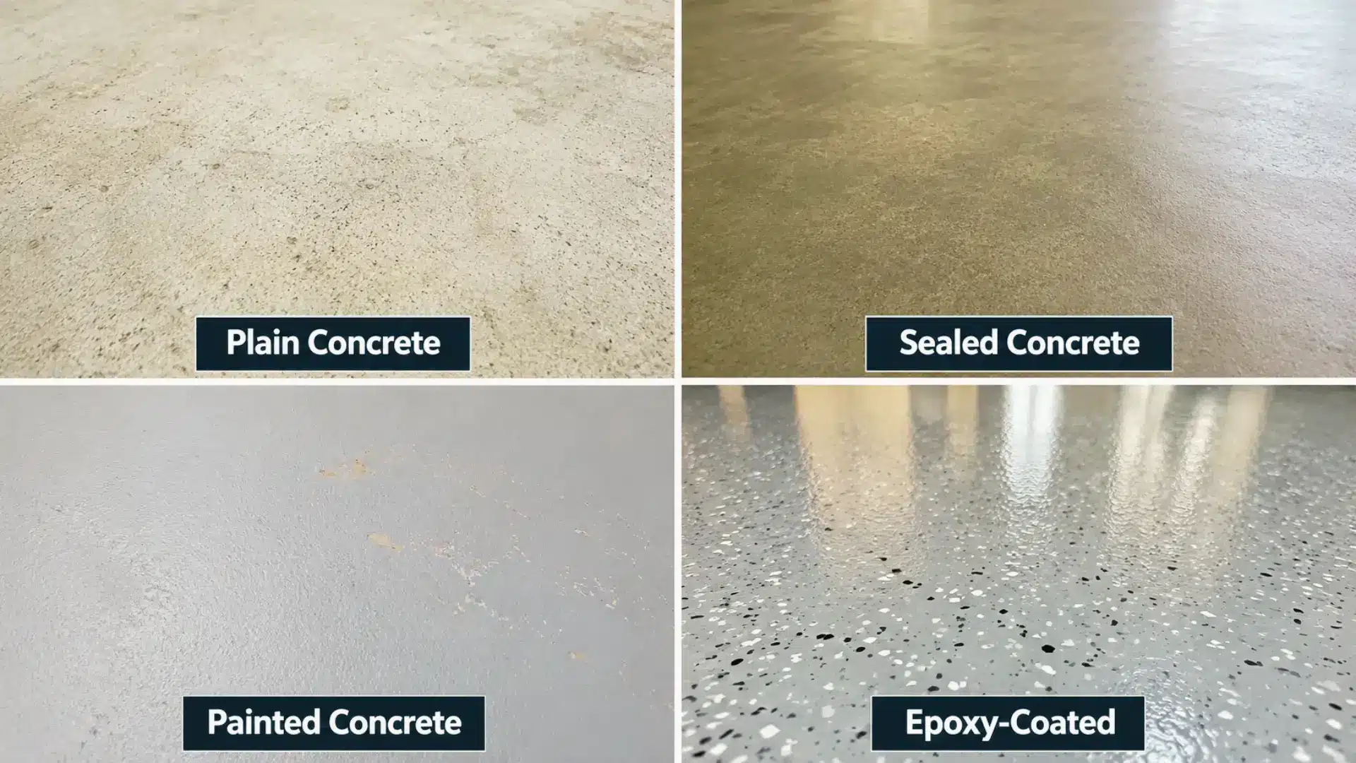 four garage floor types: plain concrete, sealed concrete, painted concrete, and epoxy-coated concrete