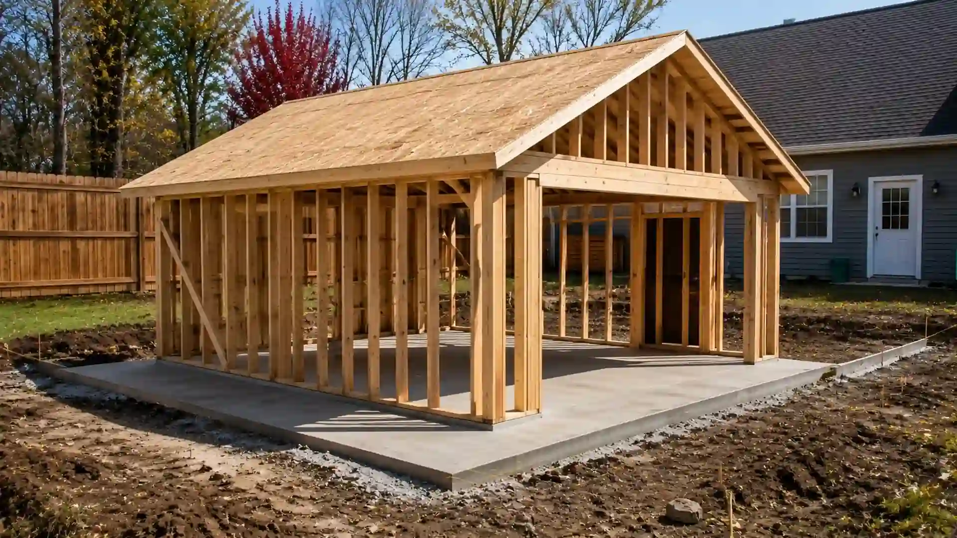 wooden garage frame with gable roof built on concrete slab in a backyard construction site