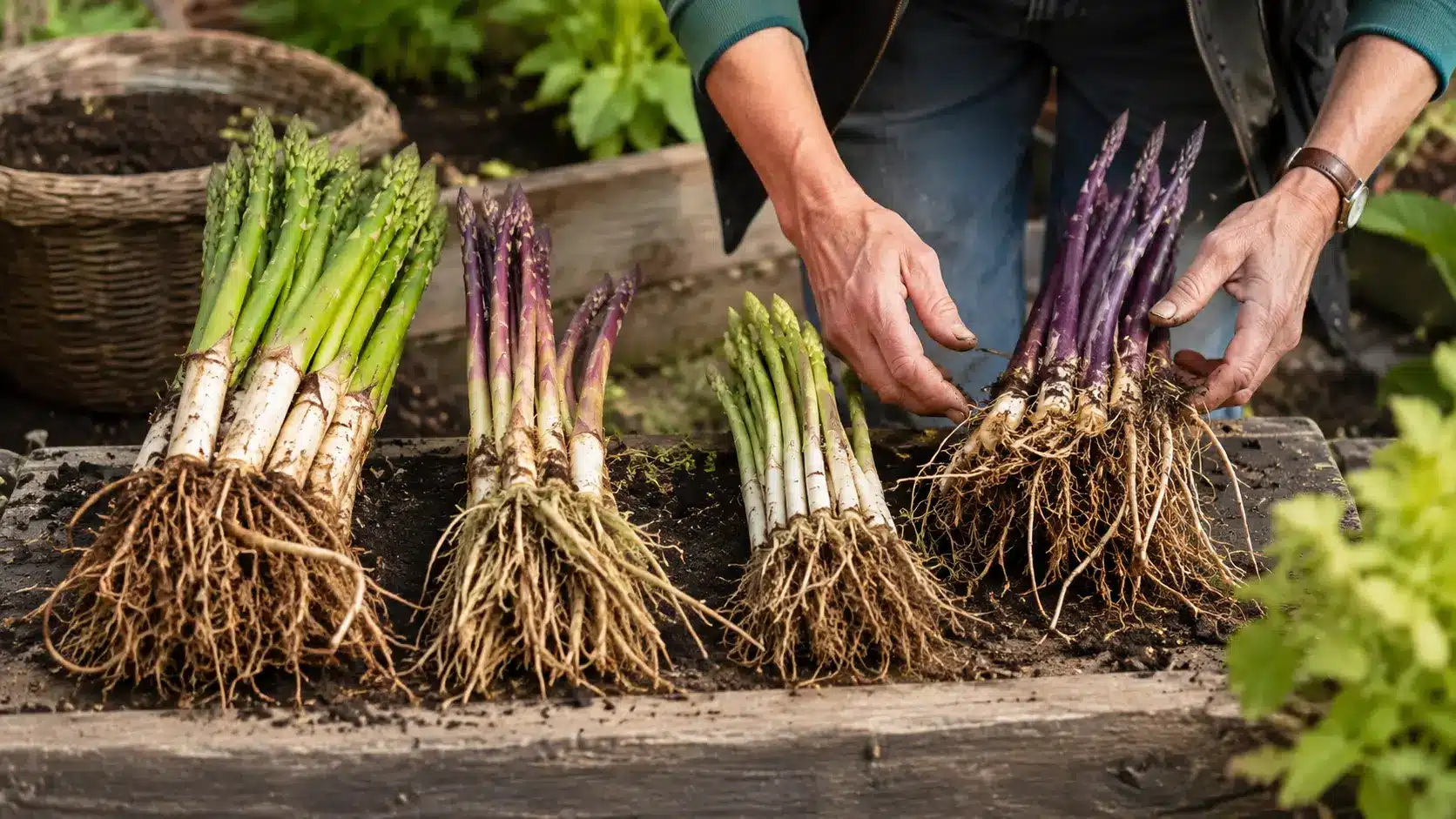 gardener comparing asparagus varieties and crowns before planting in a home garden bed