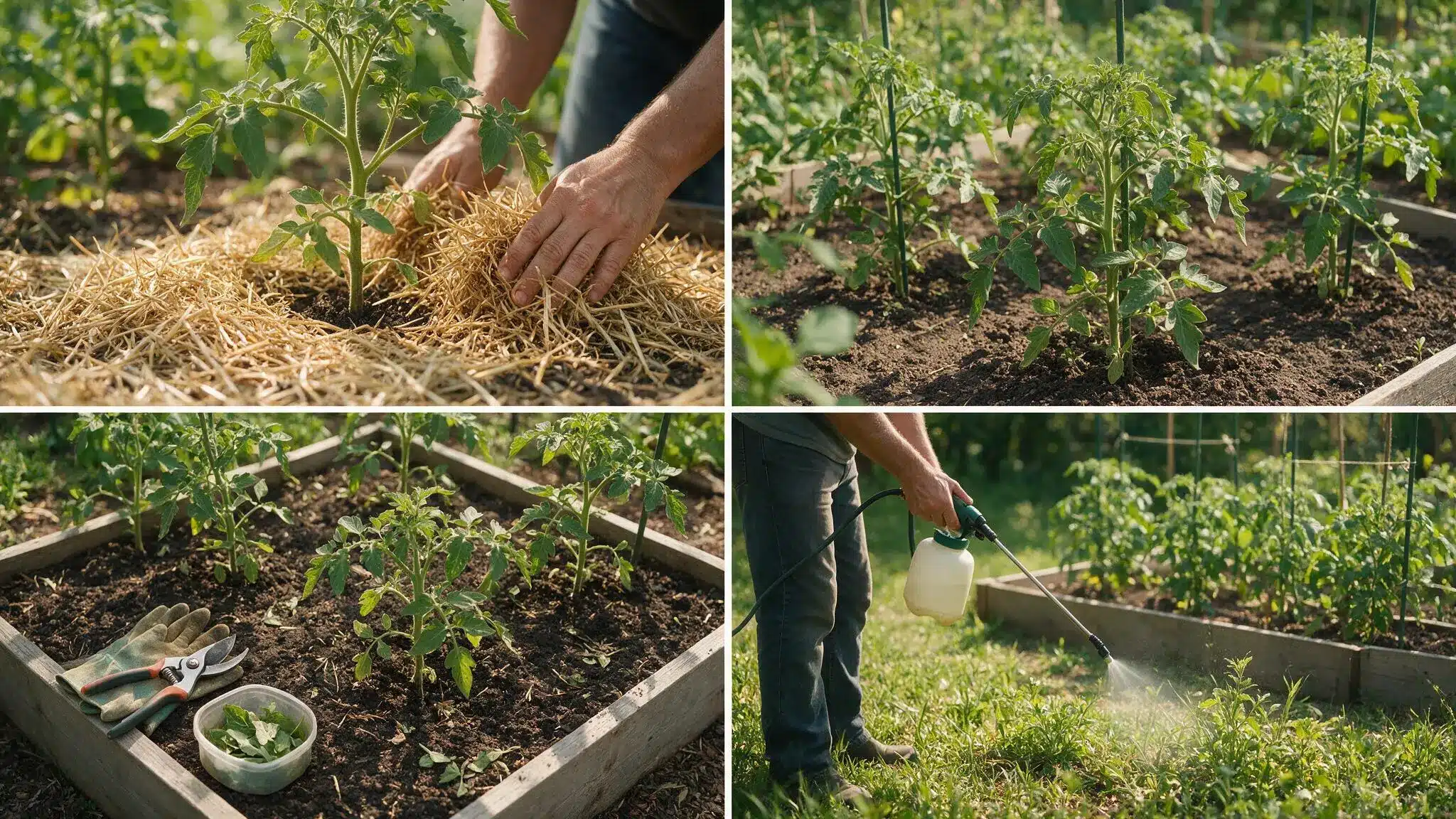 gardener mulching and pruning tomato plants as part of routine care to prevent leaf curling