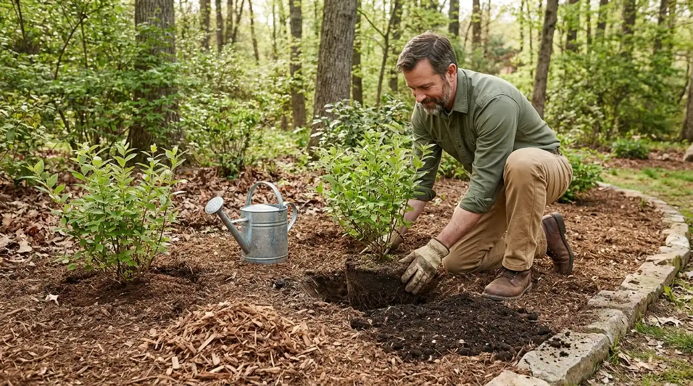 gardener planting young virginia sweetspire shrubs in a mulched woodland bed with watering can nearby