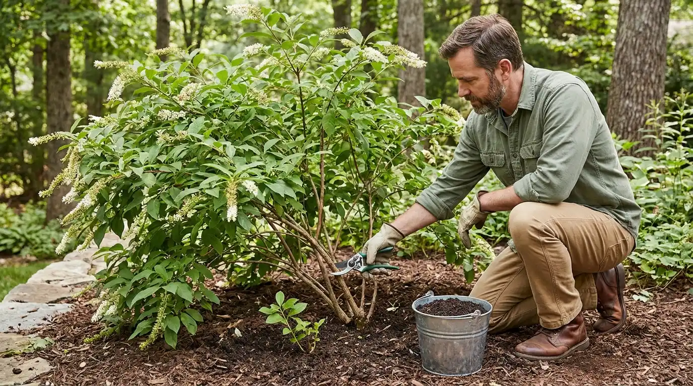 gardener pruning mature virginia sweetspire near the base with hand pruners beside a bucket of compost