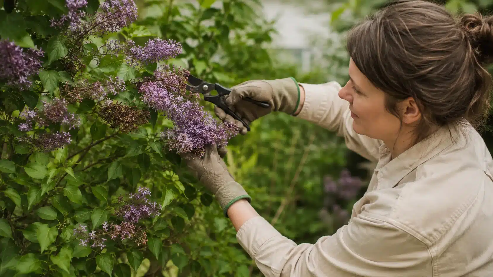 gardener showing when to prune lilacs by trimming purple blooms from a healthy lilac bush after spring flowering ends