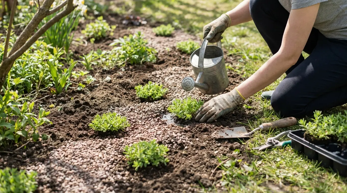 gardener watering newly planted sedum ground cover with gravel mulch and simple hand tools