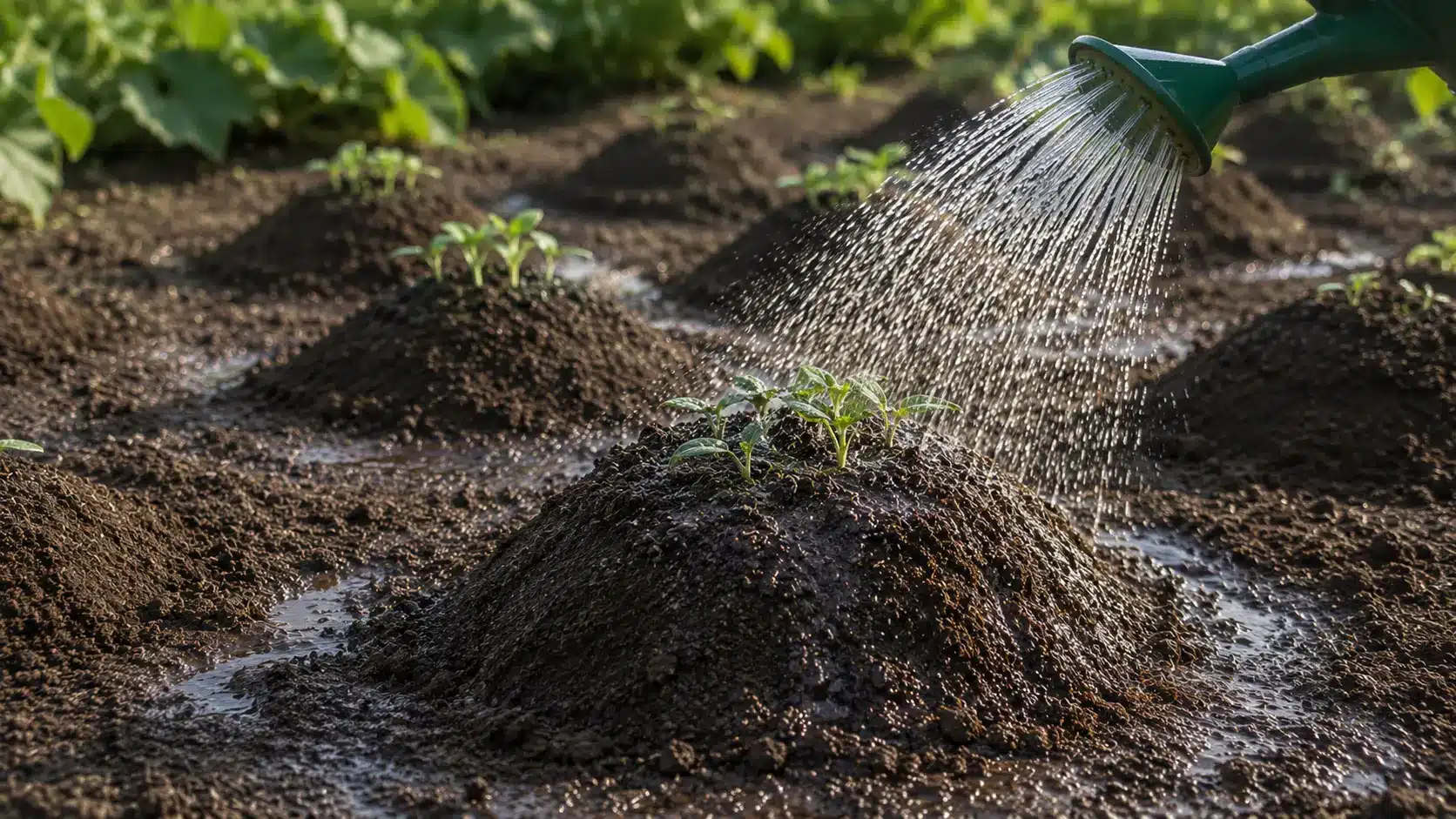 gentle water falling from a watering can onto seeded mounds to keep the soil evenly moist during germination