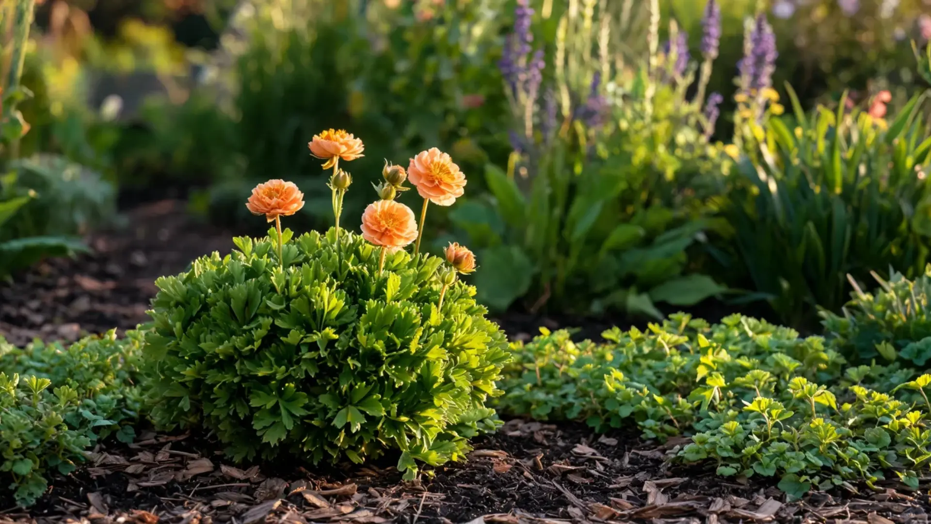 geum plant with bright orange flowers on slender wiry stems above a low clump of green leaves