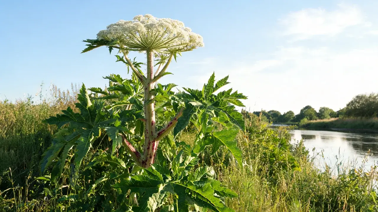 giant hogweed with huge divided leaves tall blotched stems and broad white flower heads beside a rural field