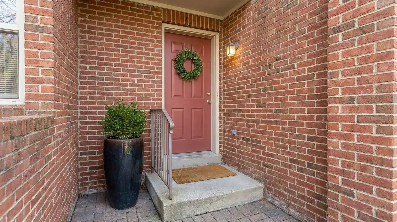 give a small stoop one strong focal point with red door wreath tall planter and doormat