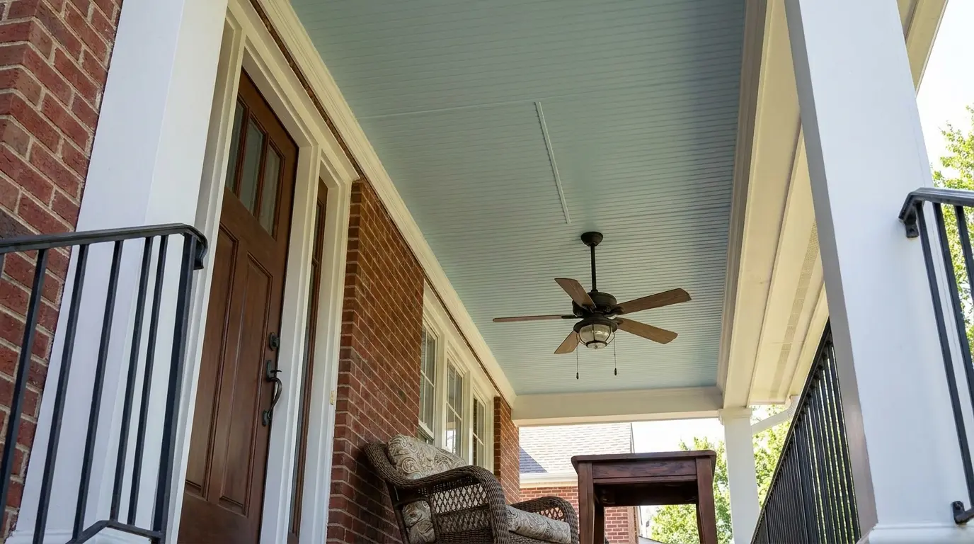 give the ceiling its own style with pale blue beadboard ceiling fan brick walls and wicker seating