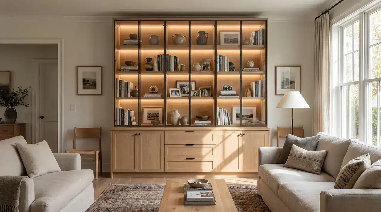 a glass front display cabinet showcasing books and ornaments neatly arranged behind clear glass doors