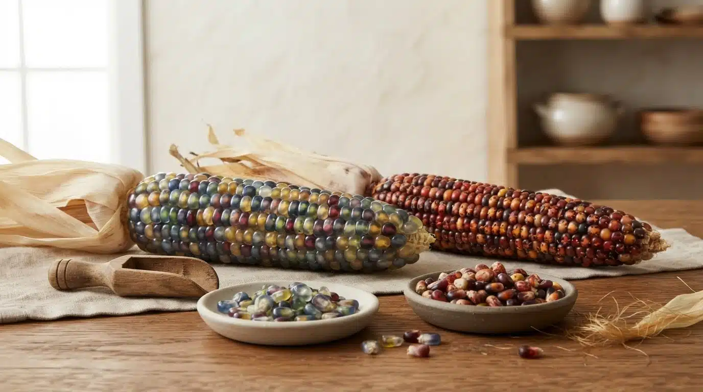 glass gem and painted mountain corn ears with colorful kernels and small dishes on a rustic wooden table
