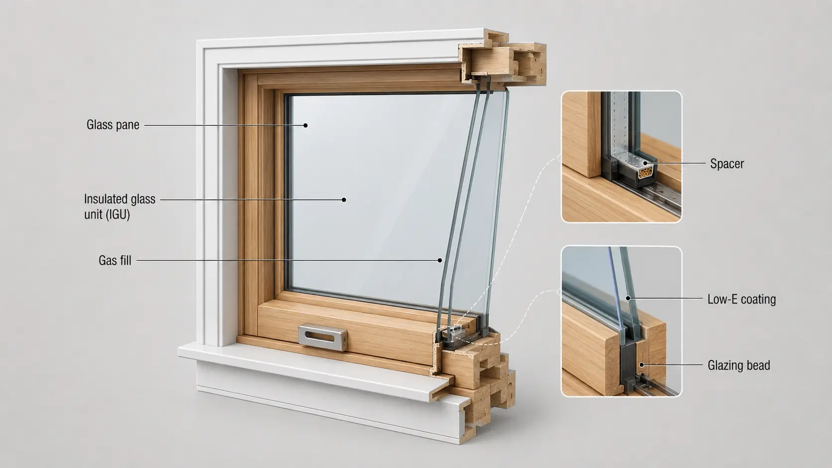awning window diagram showing hinges operator arms crank handle and locks on an outward opening sash