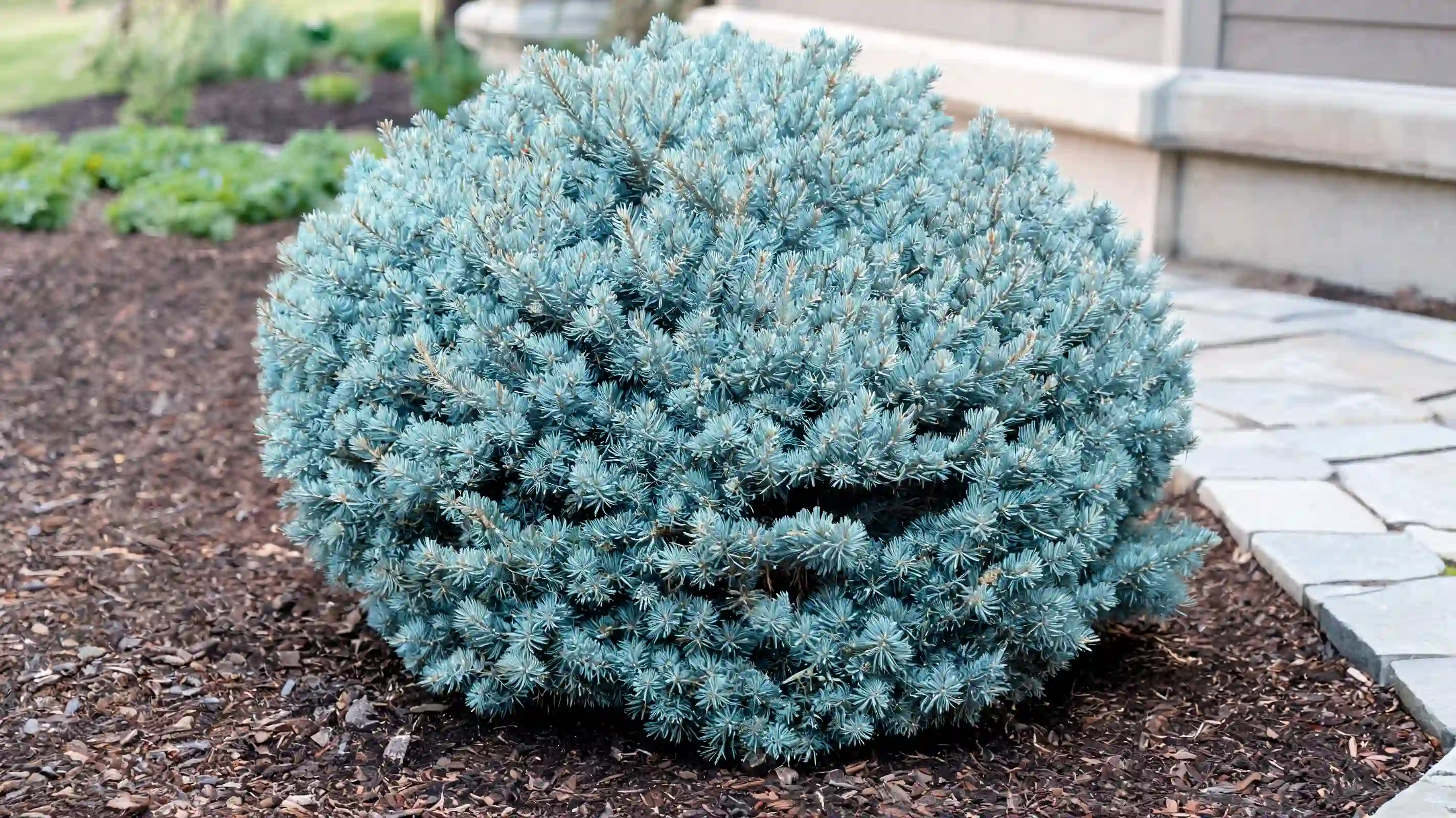 rounded globe blue spruce with dense blue gray needles beside a stone path in a small garden