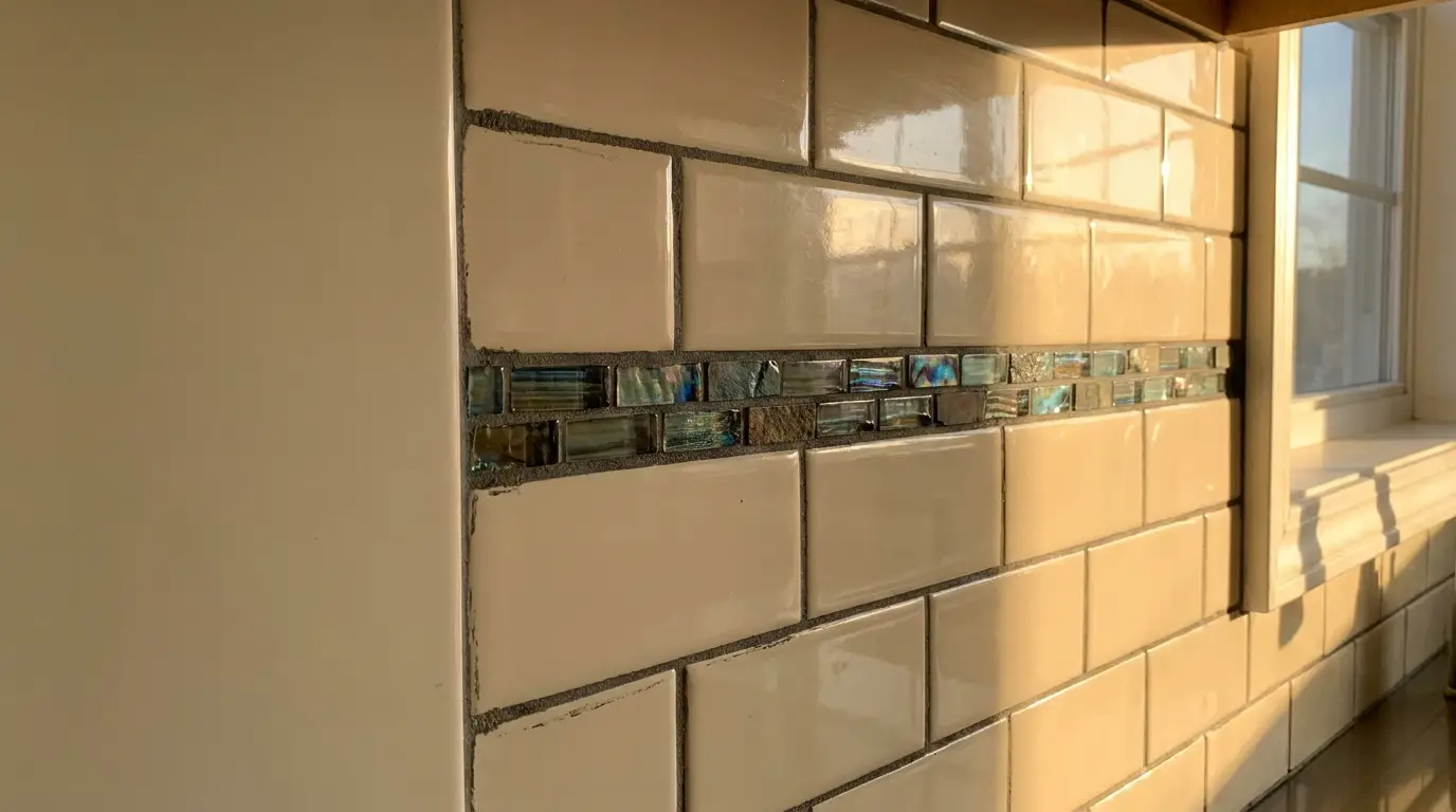 Cream subway tiles with iridescent mosaic accent under warm natural light in a kitchen setting