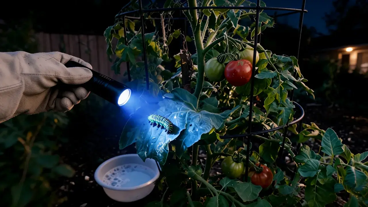 gloved hand holding a uv blacklight over a tomato leaf to spot a hidden hornworm at night outdoors