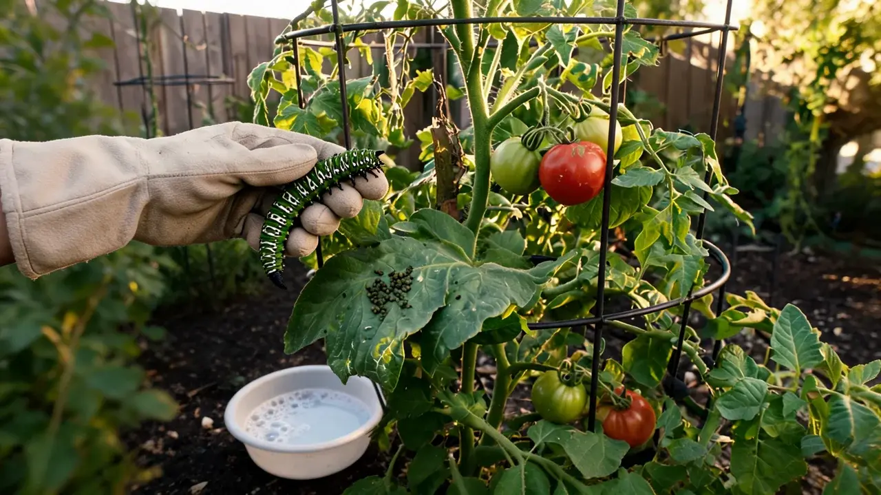 gloved hand removing a large tomato hornworm from a plant above a bowl of soapy water outdoors