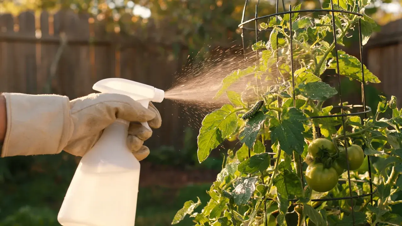 gloved hand spraying btk solution onto tomato leaves near a small hornworm in evening light