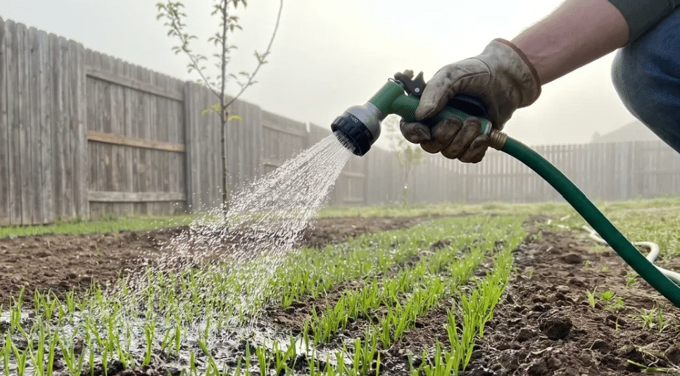 gloved hand watering rows of newly sprouted green grass seedlings in a backyard garden bed near a fence