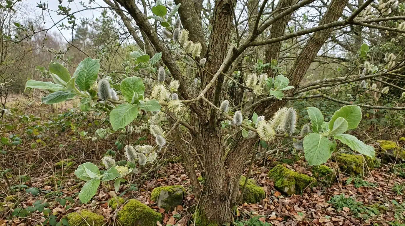 goat willow with broad leaves and fuzzy catkins growing as a small tree in a mossy woodland clearing