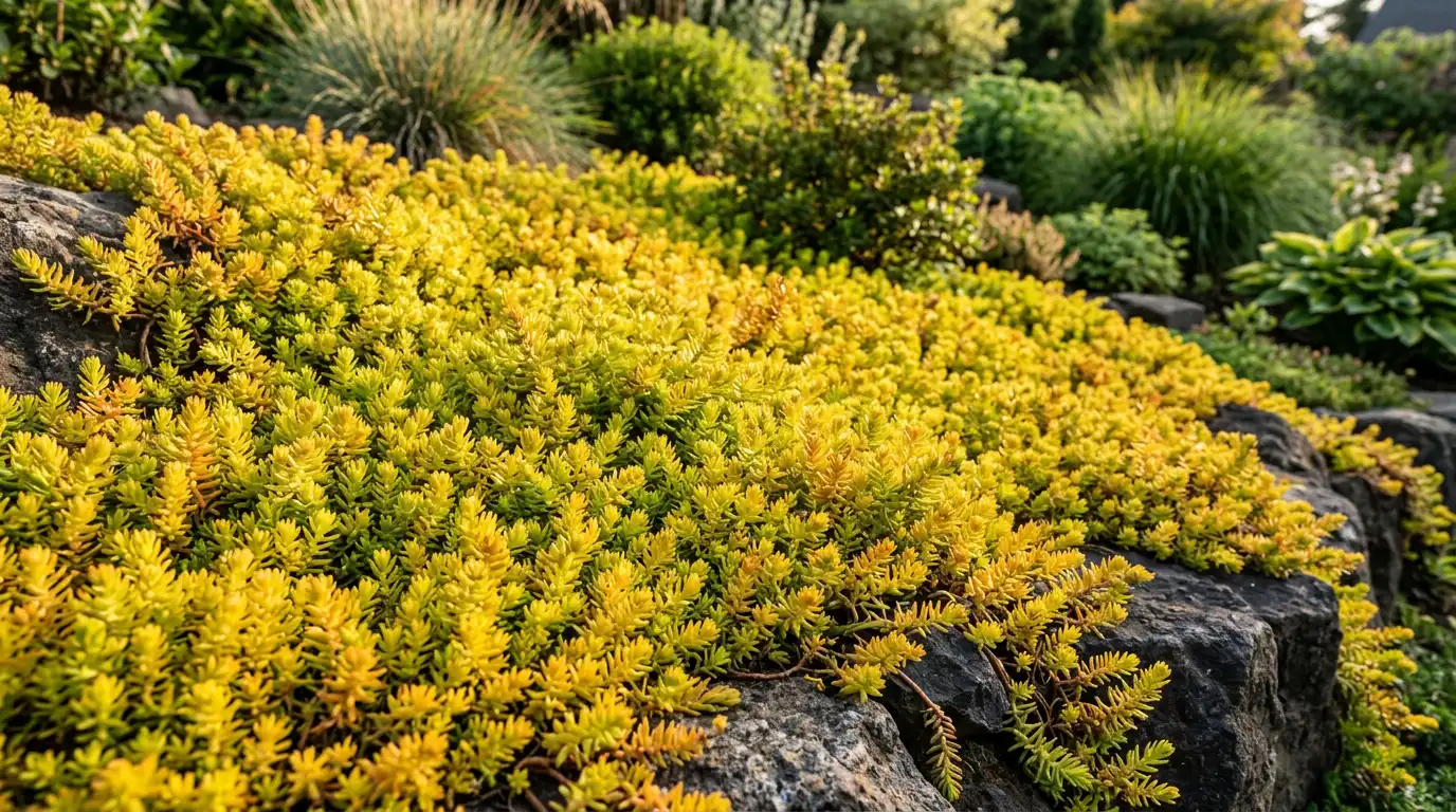 golden angelina sedum spreading over dark rocks on a sunny slope with green plants behind it